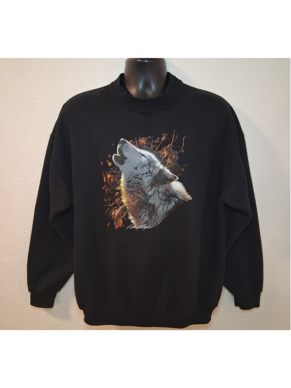 VTG 90s Wolf Adult XL Sweatshirt Black Collin Bogle Nature Artist USA Made